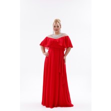 Bdm Exclusive Şifon Taş Işlemeli Kat Kat Yaka Detaylı Büyük Beden Abiye Elbise