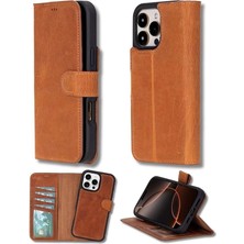 Eco Lounge Apple iPhone 16 Pro Max Uyumlu, Hakiki Deri, El Yapımı, Cüzdanlı Kılıf, Karamel