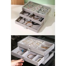 Khi-Zai Modern Gri 3 Çekmeceli Takı Bijuteri Mücevher Kutusu Organizer Düzenleyici Şeffaf 13 x 23 x 10 cm