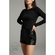Sermoda Pullu Şort - Pul Payetli Normal Bel Mini Kadın Şort Siyah