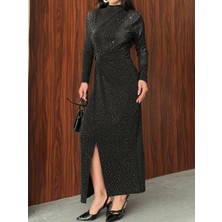 Dima Taş Serpme Detaylı Uzun Kollu Jakar Kumaş Elbise