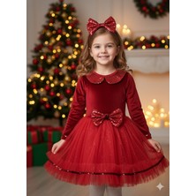 Dodomar 4–7 Yaş – Kırmızı Kadife Kırmızı Tül Etek ve Toka Yılbaşı Kız Çocuk Kostüm Seti