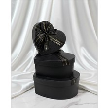 abnturk Kabartmalı Mat Siyah Deri Görünümlü Kalpli 3'lü Hediye Kutusu Seti 22X21 19X17 16X14 cm 090