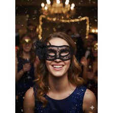 Dodomar Tüllü Çiçekli Siyah Yılbaşı Kutlama Lüks Maske Gözlüğü Parti Aksesuarı