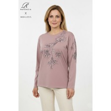 Ravencia Kadın Orta Yaş ve Üzeri Viskon Yapraklı Desen Taşlı Yırtmaçlı Işlemeli Likralı Anne Penye Bluz