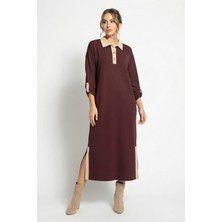 Abay Butik Kadın Spor Polo Yaka Modal Kumaş Yırtmaç Detay Rahat Kalıp Gold Düğmeli Uzun Elbise