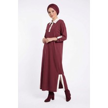 Abay Butik Kadın Spor Polo Yaka Modal Kumaş Yırtmaç Detay Rahat Kalıp Gold Düğmeli Uzun Elbise