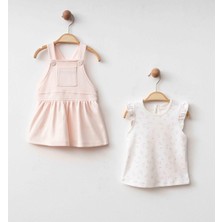 Aspo Baby Kids Kız Bebek Salopet Elbiseli T-Shırt 2'li Takım - Pembe Organik Pamuk