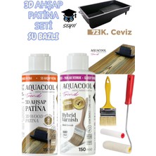 Aquacool 3D Ahşap Patina Seti Su Bazlı 150 Ml- Parlak Vernik 150 ml - Boya Tavası Fırça Rulo Doku Tarağı Seti