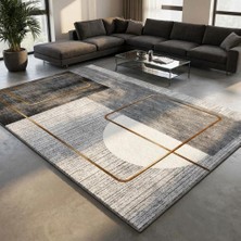 Carpettex Gri Altın Çizgili Geometrik Desenli Dijital Baskılı Kaymaz Tabanlı Yıkanabilir Modern Halı