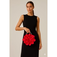 Gustello Kırmızı Kumaş Gümüş Metal Saplı Gül Çiçek Çanta El Çantası Aksesuar Abiye Günlük Şık Kadın Çantası