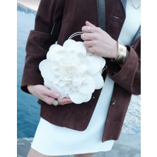 Gustello Beyaz Kumaş Gümüş Metal Saplı Gül Çiçek Çanta El Çantası Aksesuar Abiye Günlük Şık Kadın Çantası