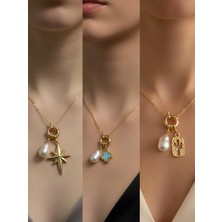 NKT Collection Kaktüs Turkuaz Yonca Kalpli Zarf İncili Kolye