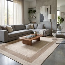 Carpettex Kahve Bej Çerçeveli Salon Halısı Dijital Baskılı Kaymaz Tabanlı Yıkanabilir Modern Halı