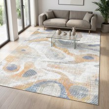 Carpettex Bej Mavi Soyut Dalga Desenli Dijital Baskılı Kaymaz Tabanlı Yıkanabilir Modern Halı