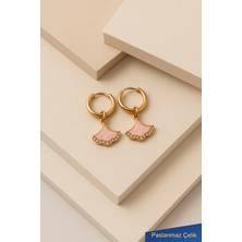 Trend Collection Pembe Mineli-Taşlı Altın Renk Paslanmaz Çelik Halka Küpe