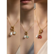 NKT Collection Kırmızı Damla Turkuaz Kalp Kupa As Incili Kolye