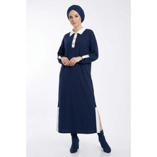 Abay Butik Kadın Spor Polo Yaka Modal Kumaş Yırtmaç Detay Rahat Kalıp Gold Düğmeli Uzun Elbise