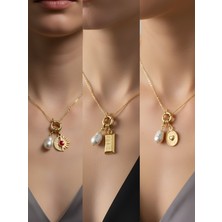 NKT Collection Kabartma Kalp Külçe Altın Ay Güneş Incili Kolye