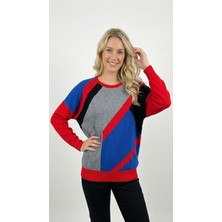 Sibel Günay Butik Gri-Kırmızı Taş Detaylı Triko Kadın Kazak