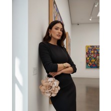 Gustello Bej Kumaş Gümüş Metal Saplı Gül Çiçek Çanta El Çantası Aksesuar Abiye Günlük Şık Kadın Çantası