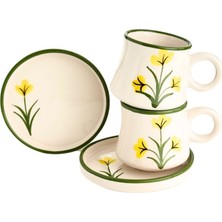 Bilge Seramik43 2’li Takım Sarı Çiçek Desenli El Yapımı Kazan Seramik Kahve Fincanı, Kahve Fincanı