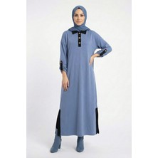 Abay Butik Kadın Spor Polo Yaka Modal Kumaş Yırtmaç Detay Rahat Kalıp Gold Düğmeli Uzun Elbise