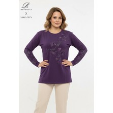 Ravencia Kadın Orta Yaş ve Üzeri Viskon Yapraklı Desen Taşlı Yırtmaçlı Işlemeli Likralı Anne Penye Bluz