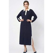 Abay Butik Kadın Spor Polo Yaka Modal Kumaş Yırtmaç Detay Rahat Kalıp Gold Düğmeli Uzun Elbise