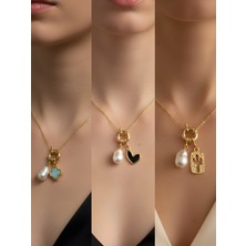 NKT Collection Siyah Kalp Kaktüs Turkuaz Yonca Incili Kolye