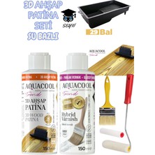 Aquacool 3D Ahşap Patina Seti Su Bazlı 150 Ml- Parlak Vernik 150 ml - Boya Tavası Fırça Rulo Doku Tarağı Seti