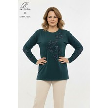 Ravencia Kadın Orta Yaş ve Üzeri Viskon Yapraklı Desen Taşlı Yırtmaçlı Işlemeli Likralı Anne Penye Bluz