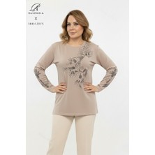 Ravencia Kadın Orta Yaş ve Üzeri Viskon Yapraklı Desen Taşlı Yırtmaçlı Işlemeli Likralı Anne Penye Bluz