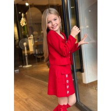 Kız Çocuk Askılı Bluz Hırka ve Elmas Taş Işlemeli Triko Etek Takım