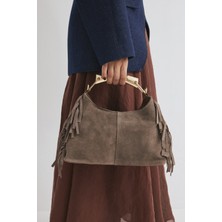 MİALES Hakiki Süet Deri Fermuarlı Iç Cep ve Uzun Askı Detaylı Kadın El ve Omuz Çantası