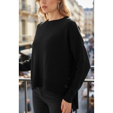 Mandala Tekstil Kadın Düğmeli Yırtmaçlı Salaş Triko Kazak