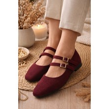 Slipcat Kadın Üstten Kemerli Çift Tokalı Çift Bantlı Tokalı Süet Babet Süet