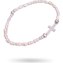 925 Ayar Gümüş Inci Doğal Taşlı Işıltılı Haç Tasarım Kadın Esnek Bileklik Yılbaşı Hediye