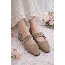 Slipcat Kadın Üstten Kemerli Çift Tokalı Çift Bantlı Tokalı Süet Babet Süet