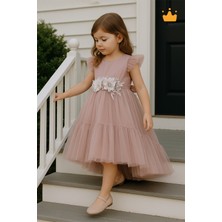 Minimony 2-6 Yaş Büzgü Tül Detaylı Taş Işleme Çiçekli Kız Çocuk Abiye Elbise Bayramlık Düğünlük Gül 6505