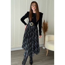 Dilay Gökoğlu Butik Ekose Asimetrik Şifon Zarif Midi Siyah Etek