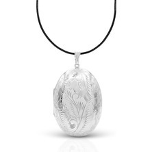 Oya Silver Iri Oval Lazer Işlemeli Bombe Kapaklı Gümüş Kadın Kolye 7.7x4.5cm [OYSKK047]