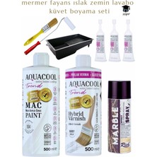 Aquacool Antik Beyaz Mermer Fayans Islak Zemin Lavabo Boyama Seti Altın Mermer Efekti 500 ml Vernik ve Boya