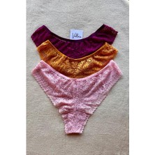 Vellora Kadın Iç Çamaşırı Brazillian Stil Dantelli Lace Set Kadın Şık ve Rahat Tanga Külot 3'lü Set