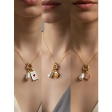 NKT Collection Pembe Yonca Midye Beyaz Yonca Incili Kolye