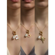 NKT Collection Kutup Yıldızı Ay Güneş Beyaz Yonca Incili Kolye