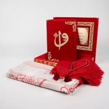 Raşel Kutulu, Şal + Seccade + Tesbih + Kuran Hediye Seti (Orta Boy, Kırmızı, Elif-Vav)