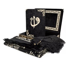 Raşel Kutulu, Şal + Seccade + Tesbih + Kuran Hediye Seti (Orta Boy, Siyah, Elif-Vav)