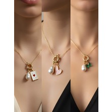 NKT Collection Zümrüt Yeşili Kelebek Pembe Kalp Beyaz Yonca Incili Kolye