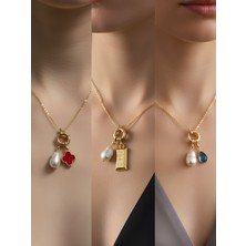 NKT Collection Turkuaz Damla Külçe Altın Kırmızı Yonca Incili Kolye